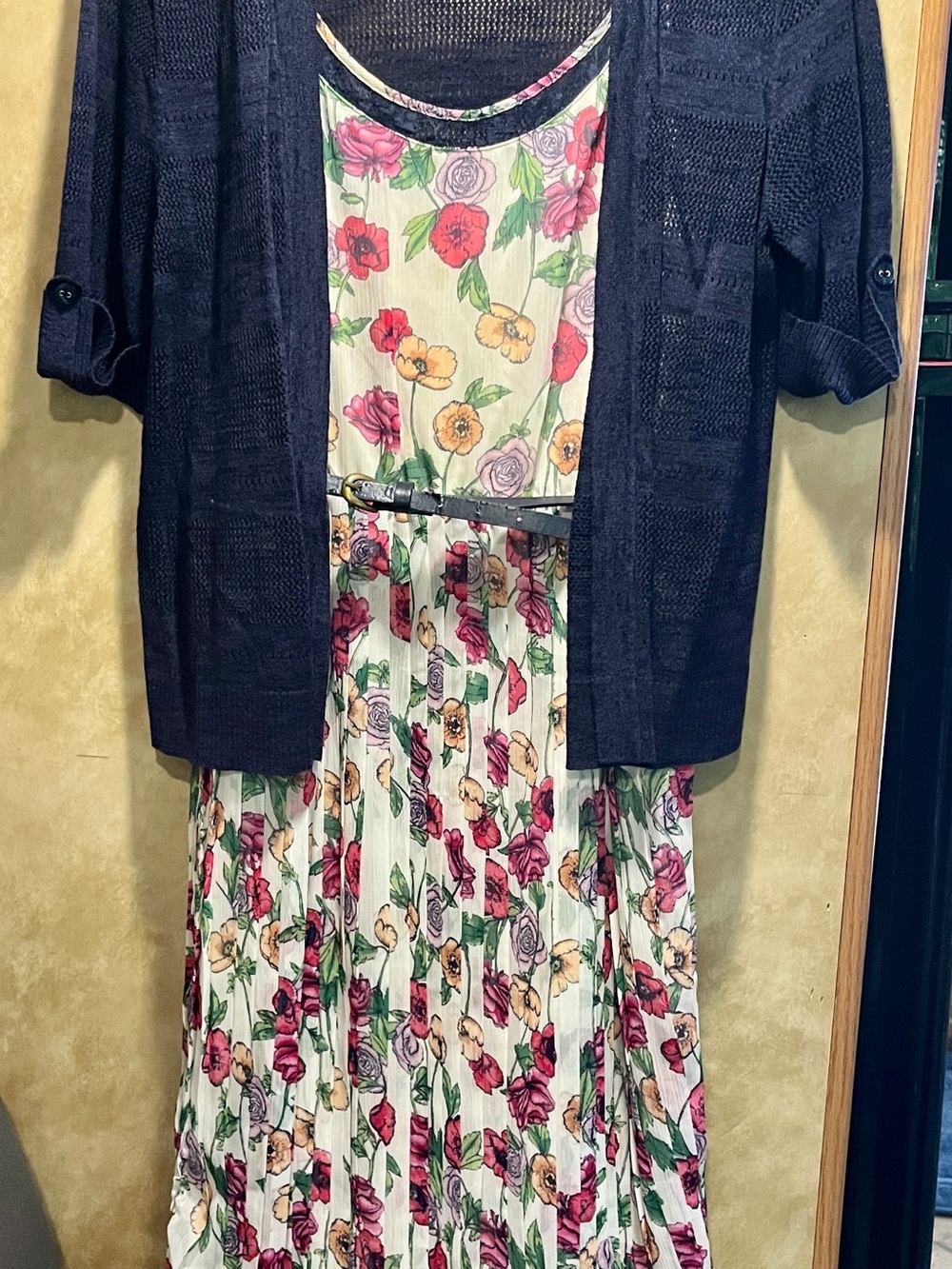 croft & barrow Cream Floral Pleated Maxi Dress with Navy Cardigan